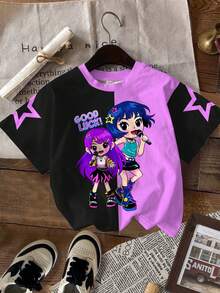 SHEIN 紫色撞色暗夜黑，卡通女孩，K-Pop巨星，少女休闲简约短袖圆领T恤 - 彩色 - 查看 3