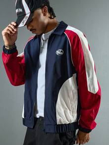 ROMWE MEN Street Life Chaqueta casual con cremallera delantera, mangas raglán y parches de color contrastante para hombres - Azul - Ver 1
