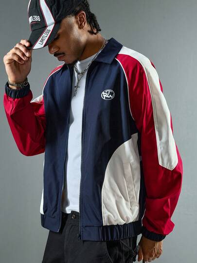 Street Life جاكيت كاجوال بسحاب أمامي مع تصميم رقعي ملون وأكمام راجلان للرجال