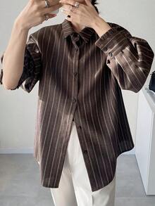 FRIFUL Women's Striped Lapel Drop Shoulder Long Sleeve Loose Casual Versatile Shirt, Autumn/Winter - Brown - View 7