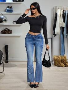 SHEIN Unity Y2K Women's Fashion Washed Embroidered Flare Jeans - Dark Wash - View 5