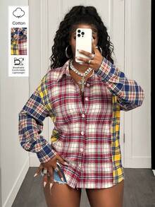 BamGleam Camisa casual de mujer a cuadros con bloques de color, otoño