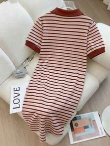 Resyla 女士休闲条纹Polo衫连衣裙，适合户外活动、夏季、春夏、返校、日常穿着、约会等场合，风格休闲舒适。 - 彩色 - 查看 2