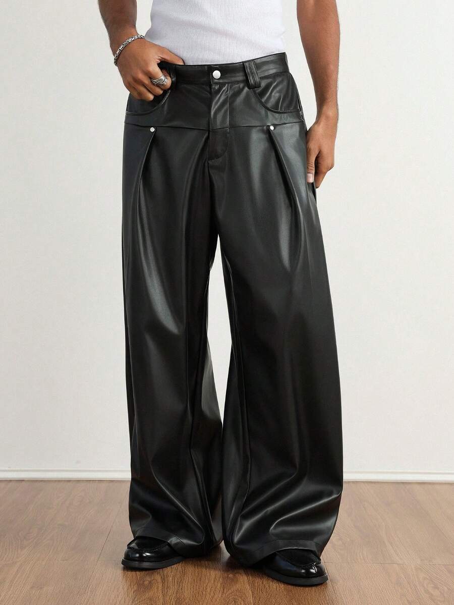 TOKVUE American Street Style PU Leather Black Loose Fit Casual Pants,Boyfriend Gift,Men Pants,Leather Pants,Men's Street Loose Leather Pants,Fall&Winter - Black - View 1