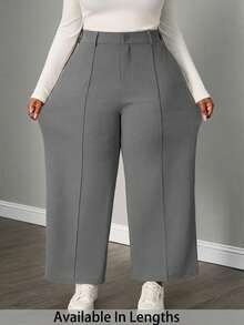 SHEIN PETITE CURVE Calça feminina plus size casual para o dia a dia no escritório, minimalista e versátil, de cor sólida, com costura frontal e pernas largas. - Cinza - Ver 1