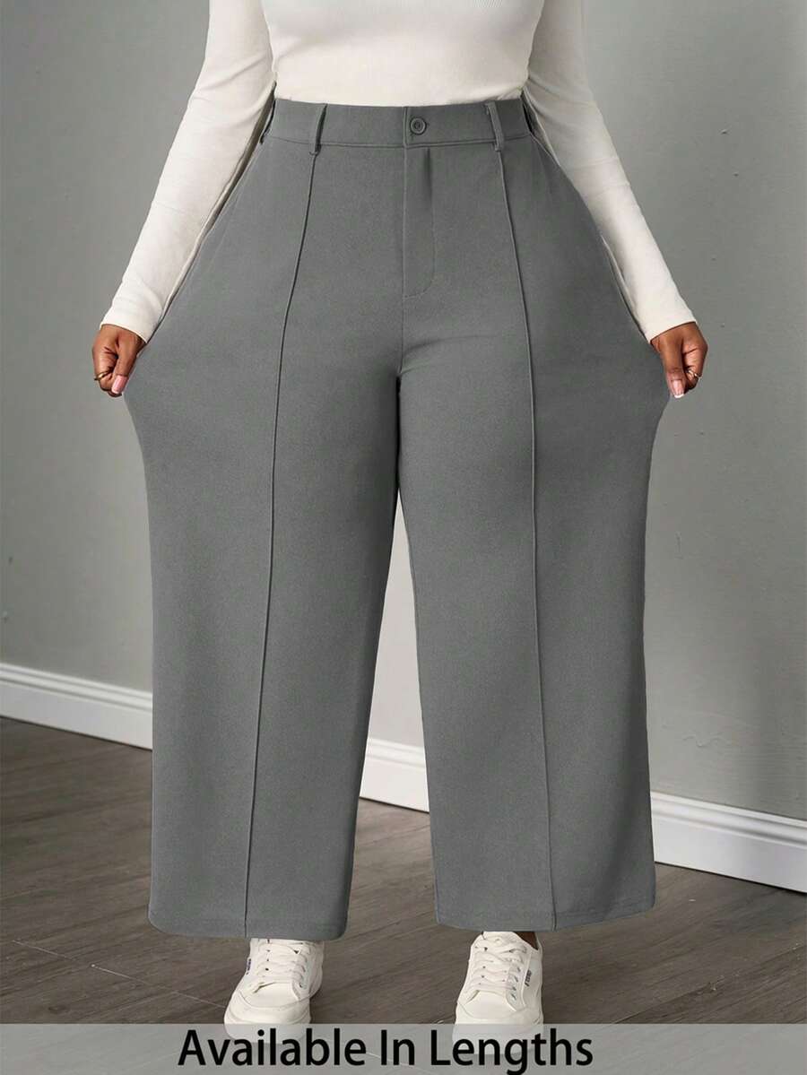 SHEIN PETITE CURVE Calça feminina plus size casual para o dia a dia no escritório, minimalista e versátil, de cor sólida, com costura frontal e pernas largas. - Cinza - Ver 1