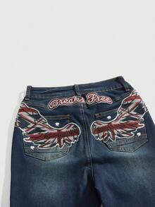 ROMWE Grunge Punk Spring/SummergraphicY2K Vintage Distressed Wash Union Jack Embroidered Fitted Low Waist Flare Leg Women Jeans - Blue - View 3
