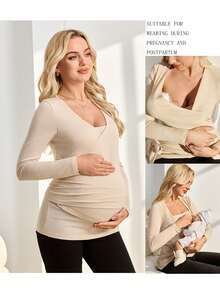 SHEIN Top de enfermería de manga larga, diseño 2 en 1 con abertura curva, frente cruzado y superpuesto - Albaricoque - Ver 1