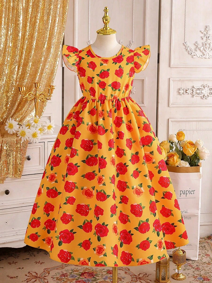 SHEIN 1pc Girls' Yellow Rose Print Ruffle Hem Sleeveless Midi Dress, Summer - Multicolor - View 1