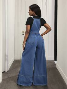 Slaydiva Women's Summer Casual Loose Pocket Wide Leg Denim Bib Pants Denim Jumpsuits For Woman Denim Overalls Jean Overalls Wide Leg Denim Jumpsuit - Khaki - View 2