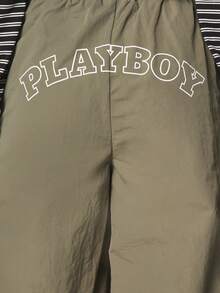 Missguided x Playboy Women High Waisted Olive Snap Button Wide Leg Palazzo Pants With Logo Print - Army Green - View 3