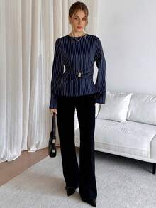 Siren Gaze Women's Striped Print Metal Ring Decor Ruffle Long Sleeve Blouse,Women's Striped V-Neck Long Sleeve Fitted Shirt Wrap Tops For Women Blouses For Women Business Office Tops For Women Business Casual Woman Top Office Blouses Winter Blue Elegant Dark Blue Top Bell Sleeve Top Navy Top Spring - Navy Blue - View 5