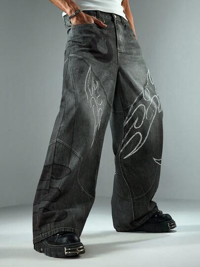 Herren Jeans mit Flammen-Muster, weite Passform mit Tasche und Knopfverschluss