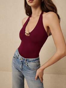 Women's Sexy Metal Decor Backless Halter Top, Summer - Burgundy - View 4