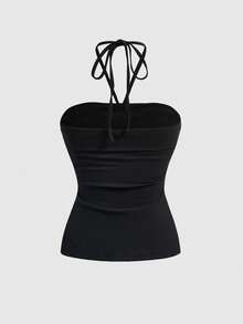 ROMWE Y2K Spring/Summer Women's Fashion Street Punk Rivet Decor Halter Top - Black - View 2
