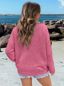 Chiquease Women Sweaters Kantong Geometris Striped Casual - Hot Pink - View 2