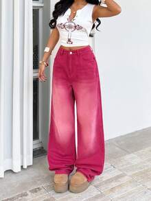 SHEIN ICON Celana Jeans Kasual Model Lebar Gaya Vintage dengan Tampilan Cuci - Merah - View 3