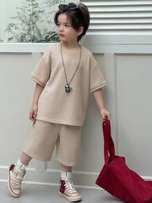 DAZY Young Boy Set Of Solid Color Round Neck Drop Shoulder T-Shirt And Shorts, Casual Outfit Spring Summer - Khaki - View 5