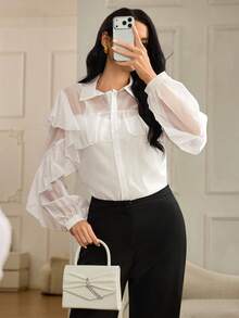 Modelyn Women's Turndown Collar Single-Breasted Ruffle Hem Fashionable Versatile Commuting Long Sleeve Shirt - White - View 1