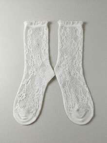 Calcetas para mujer estilo vintage encaje floral transpirable, suaves y elásticas, cortas, primavera verano, uso diario y citas, calceta femenina corta - Blanco - Ver 2