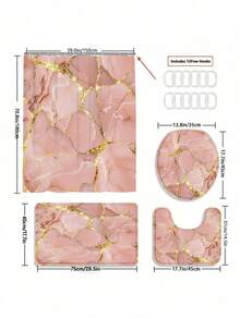 1/4件套粉色大理石纹现代浴帘浴室套装，防水耐磨配件，带12个挂钩 - 包括马桶盖套、浴垫和地毯 - 非涤纶面料 - 可水洗 - 非常适合节日装饰、家居/卧室/住宅/西式装饰 - 彩色 - 查看 15