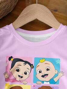 CoComelon X SHEIN Baby Girl Casual Cartoon Pattern Round Neck Short Sleeve Top, Summer - White - View 3