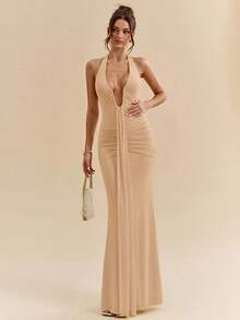 SHEIN BAE 黄色奶油色性感深V领优雅吊带长裙，适合春夏穿着 - 卡其色 - 查看 5