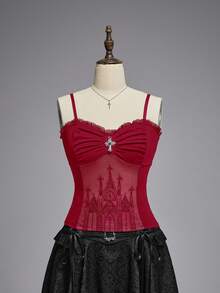 ROMWE Goth 哥特式十字架吊坠浪漫蕾丝拼接植绒连体衣（女款） - 紅色 - 查看 1