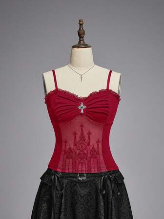 Combinaison gothique pour femmes avec pendentif croix, patchwork de dentelle romantique et floqué