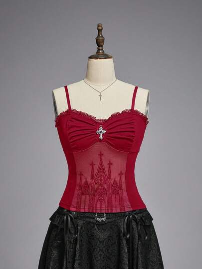 Goth Tuta intera gotica da donna con pendente a croce, pizzo romantico e patchwork floccato