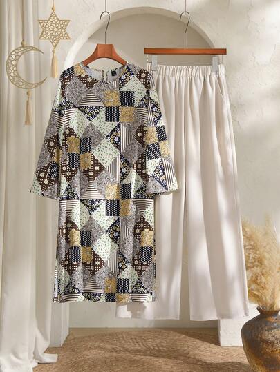 Rusticease 女士纯色圆领短袖上衣和印花阔腿裤套装，夏季两件套