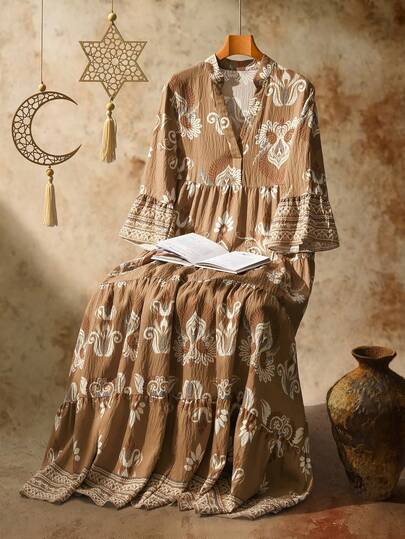 Rusticease Casual Retro Floral Pattern V-Neck Ruched Long Sleeve Dress For Women, Suitable For Autumn Earthy Clothes Women Bohemian Dress For Women Peasant Dress Brown Two Piece Set Women Boho Sets Boho Two Piece Set Women  Summer Dress   Elegant Dresses For Women  Vacation