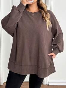 SHEIN CURVE+ Plus Size Solid Color Round Neck Casual Versatile Long Sleeve Sweatshirt Thanksgiving New Year - Brown - View 7