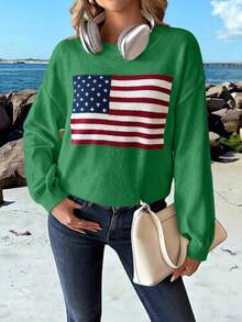 Chiquease Women's Loose Round Neck Drop-Shoulder Sweater With American Flag Pattern For Spring And Autumn, Knit Pullover Fall Winter - Green - View 6