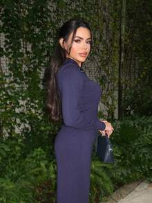 Durrani Popal 2pcs Women Navy Blue Zip-Up Cardigan And Knit Pants Casual Suit, Sweater Set, Autumn/Winter,Fall - Royal Blue - View 4