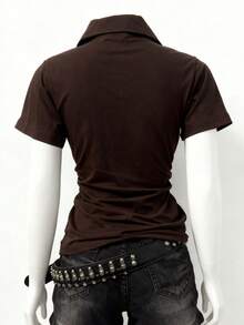 Lalippa Women's Casual Slogan Print Button Front T-Shirt, Summer - Brown - View 2