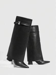 CUCCOO SZL 女士尖头金属装饰时尚百搭高跟过膝长靴 - 黑色 - 查看 2