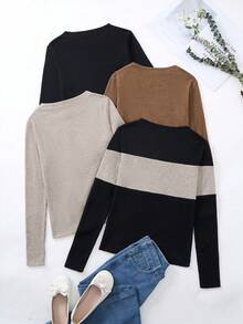 SHEIN LUNE 4pcs Solid Color Ribbed Knit Crew Neck Long Sleeve T-Shirts For Women, Autumn Tops Women 4 Pack Tops Shirt Packs For Women - Multicolor - View 2