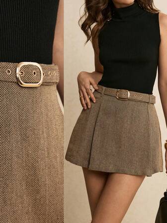Poéselle Women's Herringbone Pleated Mini Skirt With Metal Buckle Design, Versatile For Everyday Wear; Elegant Khaki Midi Skirt, Perfect For Street Style Or Dates, Belt Skirt, Brown Skirts, Womens Skorts, Khaki Skirts, Women S Skorts
