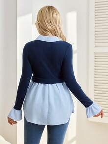 SHEIN Nursing Top With Ruffle Trim, Long Sleeve Shirt Collar, Front Button Nursing Access, Curved Hem, Knit & Woven Fabric Mix - Blue - View 2