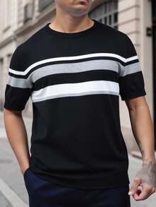 Manfinity Homme Men's Casual Striped Crew Neck Knit Sweater - Black - View 4