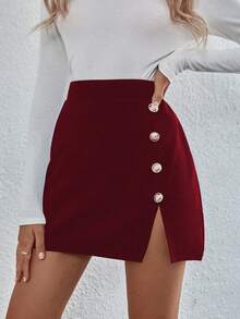 Rafferiza Autumn Elegant Solid Color Button Decor Split Hem Skirt For New Year Clothes - Burgundy - View 7