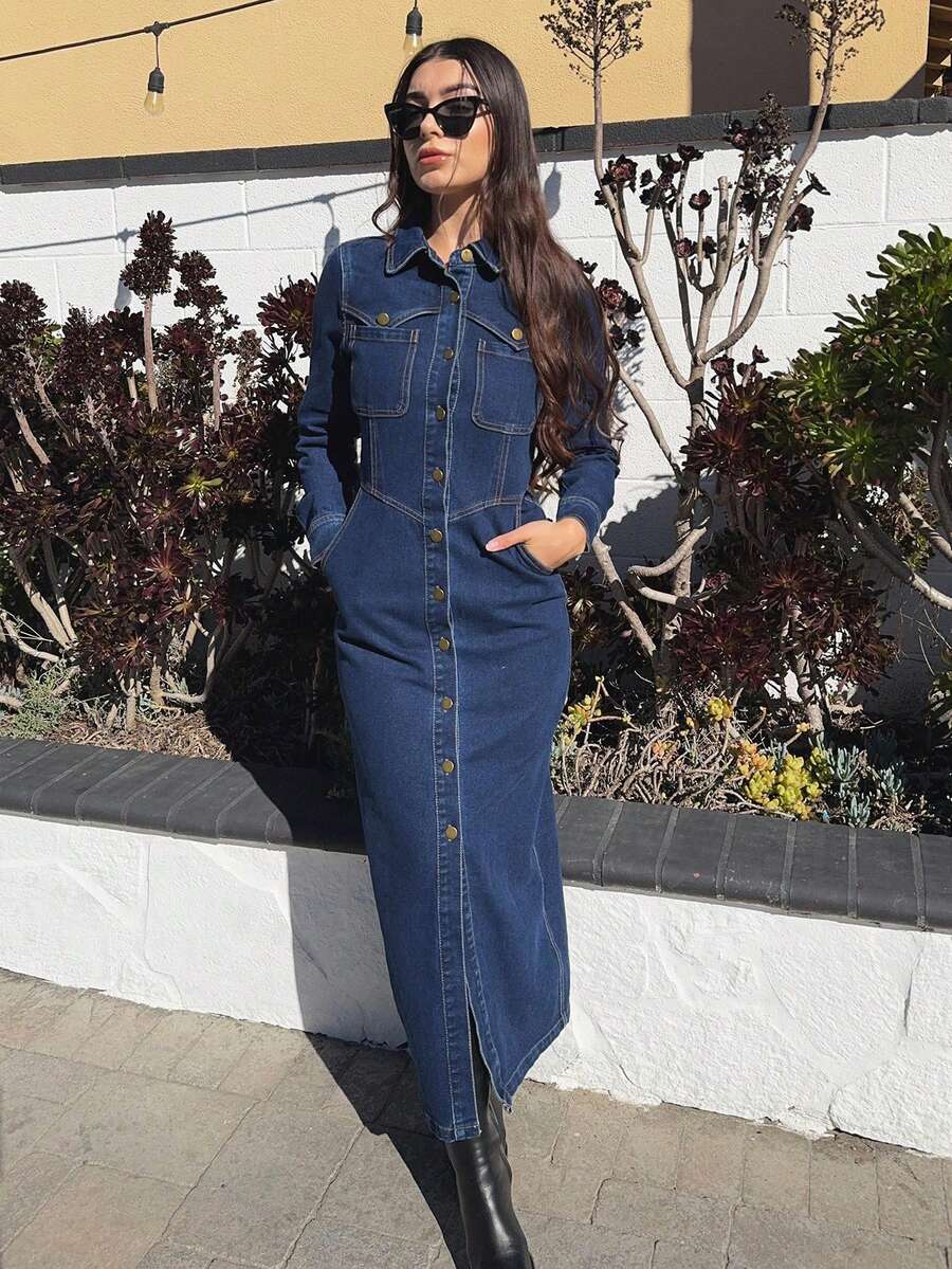 Andrea Bello 纽扣斜插袋牛仔连衣裙