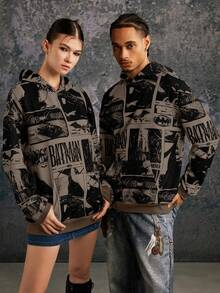 BATMAN X SHEIN 85th Unisex Casual Loose Knit Vintage Poster Print Hooded Sweatshirt, Autumn/Winter - Coffee Brown - View 3