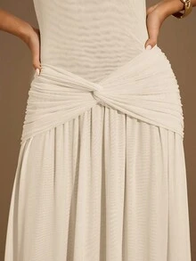 SHEIN BAE 优雅加长无袖高领纯黄色连衣裙，黄色连衣裙，米黄色连衣裙，生日连衣裙，约会连衣裙，节日派对连衣裙，宴会连衣裙 - 杏色 - 查看 7