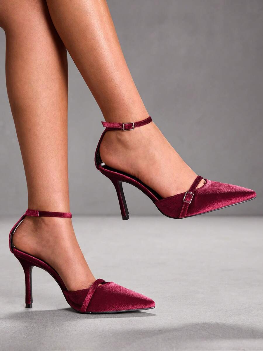 CUCCOO SZL Women's Pointed Toe Buckle Design Fashionable High Heels, Versatile For Daily Wear - Burgundy - View 1