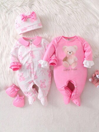 SHEIN Conjunto de 4 piezas de pelele con mangas largas, gorro y guantes con decoración de oso y lazo para recién nacidos, conjunto de ropa para el hogar