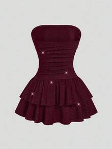 Sweetra Đầm dự tiệc cỡ lớn chất liệu ánh kim, kiểu quây ngực, viền bèo nhún đôi, thắt eo. - Màu Đỏ Sâu - Xem 2