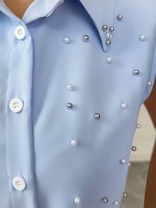 Rafferiza Classic French Elegant Sleeveless Beaded Blouse, Timeless Blue Design, Versatile For Women - Blue - View 3