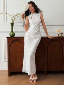 EastFlair Women's Floral Jacquard Pleated Fitted Elegant Sleeveless Dress Elegant White Dress White Vintage Dress White Dinner Dress White Cocktail Dress - White - View 5